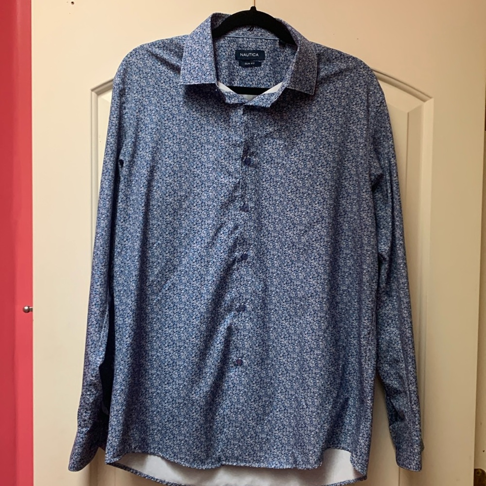 Men’s Nautica blue floral dress shirt Slim Fit 34/35 L